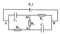 Cho mạch điện như hình vẽ. Nguồn điện có E=12V; r=2Ω                     Các điện trở R1=1Ω; R2=2Ω; R3=3Ω; C1=1μF;C2=2μF   Điện tích trên các tụ điện C1