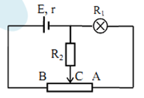 Cho mạch điện như hình vẽ, nguồn điện có suất điện động E không đổi và điện trở trong r = 2 Ω. Điện trở của đèn R1 = 3 Ω, điện trở R2 = 3 Ω. Di chuyển