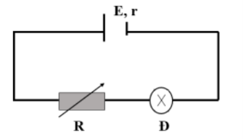 Cho mạch điện như hình vẽ, nguồn điện có suất điện động \(E = 9\left( V \right)\)  và điện trở trong \(r = 1\Omega .\)  Đèn có ghi 6 V – 3 W. Bỏ qua điện