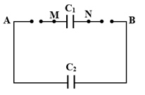 Cho mạch điện như hình vẽ, nguồn UAM=3V; UNB=8V; tụ C1=2μF; C2=3μF. Hiệu điện thế giữa hai đầu tụ C1 là