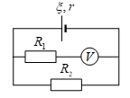 Cho mạch điện như hình vẽ trong đó ξ=6 V; r=1,5 Ω; R1=15 Ω và R2=7,5 Ω.  Điện trở của vôn kế V rất lớn. Số chỉ của vôn kế V là