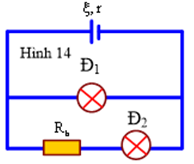 Cho mạch điện như hình vẽ, trong đó bóng đèn dây tóc Đ1 có ghi số 12V−3W, bóng đèn dây tóc Đ2 loại 6V−3W; Rb là một biến trở. Để các đèn sáng bình thường