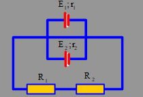 Cho mạch điện như hình vẽ. Trong đó E1 = E2=12V, r = 2Ω, R1 = 3 Ω, R2 = 8 Ω.  Cường độ dòng điện chạy trong mạch