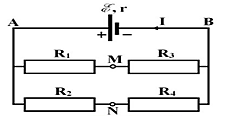 Cho mạch điện như hình vẽ.

Trong đó  \(r = 2\Omega ;\,\,{R_1} = 1\Omega ;\,\,{R_2} = 4\Omega ;\,\,{R_3} = 3\Omega ;\,\)\({R_4} = 8\Omega \)  và UMN =