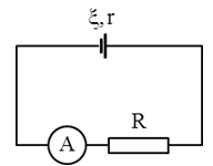 Cho mạch điện như hình vẽ. Trong đó r = 2Ω, R = 13 Ω,  RA=1Ω. Chỉ số của ampe kế là 0,75 A. Suất điện động của nguồn là: