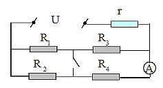 Cho mạch điện sau:

Cho U = 6 V, r = \(1\,\Omega \)  = R1; R2 = R3 = \(3\,\Omega \) . Biết số chỉ trên A khi K đóng bằng \(\frac{9}{5}\)  số chỉ của A