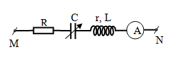 Cho mạch điện xoay chiều như hình vẽ bên. Cuộn dây có r = 10 Ω, L = 1/10π (H). Đặt vào hai đầu đoạn mạch một điện áp xoay chiều có giá trị hiệu dụng là