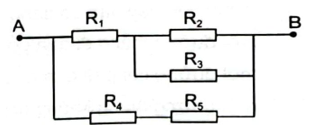 Cho một đoạn mạch điện như hình vẽ. Biết các giá trị điện trở: R1=1Ω; R2=20Ω;R3=5Ω;R4=R5=10Ω. Hãy tính điện trở của đoạn mạch AB.