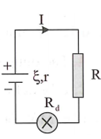 Cho một mạch điện như hình vẽ. Trong đó ξ=6V;r=0,1 Ω;Rđ=11 Ω;R=0,9 Ω. Biết đèn dây tóc sáng bình thường. Hiệu điện thế định mức và công suất định mức của