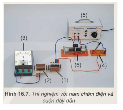 Chuẩn bị:

Nam châm điện (1), cuộn dây (2), điện kế (3), khoá K (4), nguồn điện (5), biến trở (6) và các dây dẫn.

Tiến hành:

- Lắp mạch điện như Hình