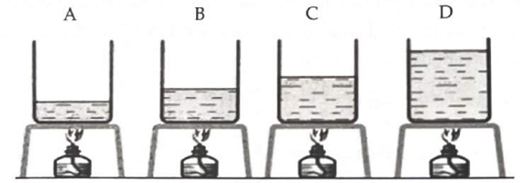Có 4 bình A, B, C, D đều đựng nước ở cùng một nhiệt độ với thể tích tương ứng là: 1 lít, 2 lít, 3 lít, 4 lít. Sau khi dùng các đèn cồn giống hệt nhau để