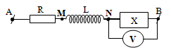 Đặt điện áp u=2002cos(ωt)V vào hai đầu đoạn mạch AB như hình vẽ. Thì số chỉ của vôn kế là 120 V và điện áp hai đầu đoạn mạch AN vuông pha so với điện áp