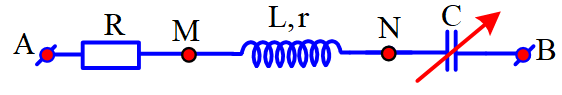 Đặt điện áp    u=U2cos50πt V vào đoạn mạch AB như hình vẽ: điện trở R=80Ω   , tụ điện có điện dung C thay đổi được và cuộn dây không thuần cảm. Điều chỉnh