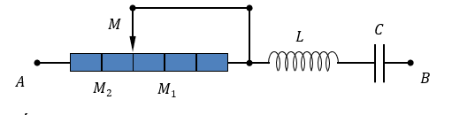 Đặt điện áp xoay chiều có giá trị hiệu dụng U và tần số không đổi vào hai đầu đoạn mạch AB gồm biến trở con chạy R (điểm M tương ứng với vị trí con chạy, khoảng cách giữa hai vạch liên tiếp trên biến trở tương ứng với một độ chia nhỏ nhất), cuộn cảm thuần L và tụ điện C mắc nối tiếp như hình vẽ. Khi con chạy M nằm ở vị trí M_1 thì điện áp hiệu dụng giữa hai đầu L và hai đầu C lần lượt là U_L và U_C với U_C=2U_L=U. Khi con chạy M nằm ở vị trí M_2 thì điện áp hiệu dụng giữa hai đầu L là 100 V