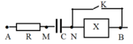 Đặt điện áp xoay chiều u=U0cosωt  V vào hai đầu đoạn mạch AB gồm các phần tử. điện trở R, tụ điện có điện dung C, hộp kín X như hình vẽ. Hai đầu NB mắc