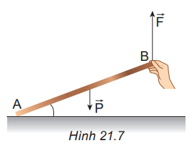 Đặt một chiếc thước dài trên bàn. Cho một bạn nâng một đầu thước lên và giữ yên (Hình 21.7). Hỏi:

- Khi thay đổi lực nâng F→    ta thấy thước quay quanh