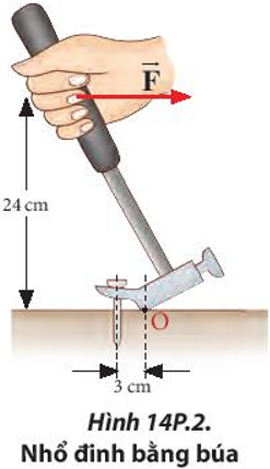 Để nhổ một cây đinh ghim vào bàn gỗ theo phương thẳng đứng như Hình 14P.2, ta tác dụng lực F = 150 N theo phương song song với mặt bàn. Búa có thể quay quanh trục quay vuông góc với mặt phẳng hình vẽ tại điểm O, khoảng cách từ điểm đặt tay đến mặt bàn là 24 cm và khoảng cách từ đinh đến trục quay là 3 cm. Xác định lực do búa tác dụng lên đinh. (ảnh 1)