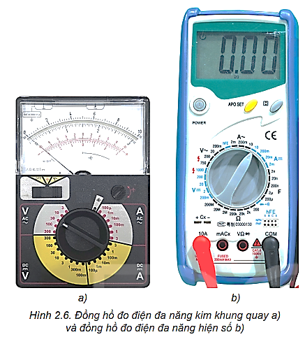 Điều chỉnh vị trí của kim đo, chọn thang đo và cắm các dây đo trên đồng hồ đa năng (Hình 2.6) để đo hiệu điện thế, cường độ dòng điện và điện trở như thế