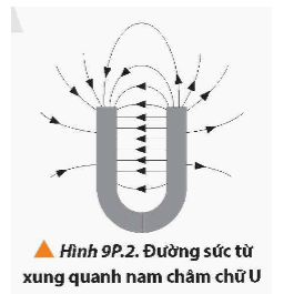 Dựa vào hình ảnh các đường sức từ của nam châm chữ U như Hình 9P.2, em hãy xác định các cực của nam châm này. (ảnh 1)