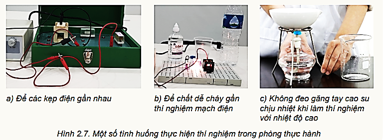 Em hãy quan sát một số hình ảnh về các thí nghiệm trong Hình 2.7 và dự đoán có những nguy cơ cháy nổ nào có thể xảy ra trong các phòng thực hành.