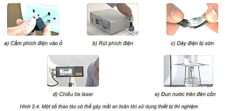 Em hãy quan sát một số hình ảnh về thao tác sử dụng các thiết bị thí nghiệm trong Hình 2.4 và dự đoán xem có những nguy cơ nào có thể gây nguy hiểm trong phòng thực hành vật lí. Kể thêm những thao tác sử dụng thiết bị thí nghiệm khác có thể gây nguy hiểm trong phòng thực hành. (ảnh 1)