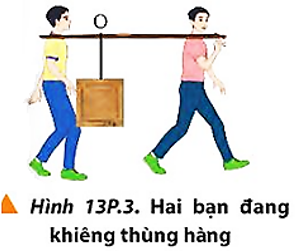 Hai bạn học sinh đang khiêng một thùng hàng khối lượng 30 kg bằng một đòn tre dài 2 m như Hình 13P.3. Hỏi phải treo thùng hàng ở điểm nào để lực đè lên