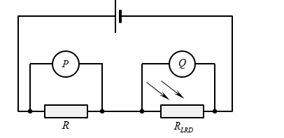 Hai viên pin có điện trở trong không đáng kể được mắc vào đoạn mạch mắc nối tiếp gồm điện trở và quang điện trở LDR   như hình vẽ.

Khi cường độ sáng ở