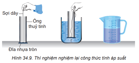 Hãy tìm cách dựa vào các dụng cụ thí nghiệm vẽ ở Hình 34.9 để nghiệm lại công thức tính áp suất của chất lỏng:     (ảnh 1)