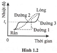 Hình 1.2 là đồ thị phác họa sự thay đổi nhiệt độ theo thời gian trong quá trình chuyển thể từ rắn sang lỏng của chất rắn kết tinh và của chất rắn vô định