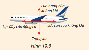 Hình 19.6 biểu diễn các vectơ lực tác dụng lên một máy bay đang bay ngang ở độ cao ổn định với tốc độ không đổi. Nếu khối lượng tổng cộng của máy bay là 500 tấn thì lực nâng có độ lớn bao nhiêu? (ảnh 1)