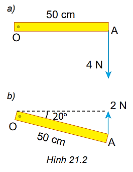 Hình 21.2 mô tả một chiếc thước mảnh OA, đồng chất, dài 50 cm, có thể quay quanh trục quay cố định ở đầu O.

1. Trong các tình huống ở Hình 21.2a, b thước