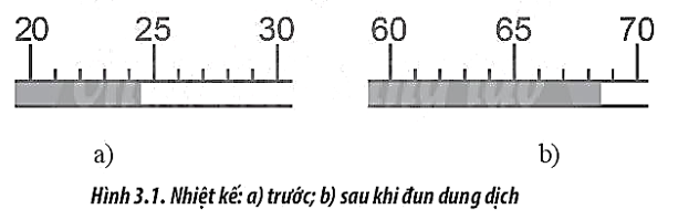 Hình 3.1 thể hiện nhiệt kế đo nhiệt độ t1 (0C) và t2 (0C) của một dung dịch trước và sau khi đun. Hãy xác định và ghi kết quả độ tăng nhiệt độ t của dung