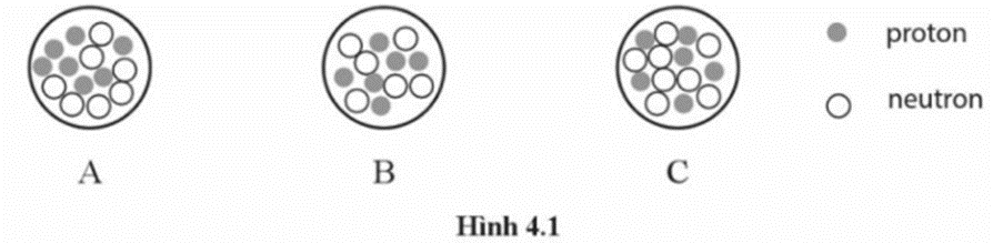 Hình 4.1 dưới đây biểu diễn ba hạt nhân A, B, C.

a) Sử dụng bảng tuần hoàn các nguyên tố hoá học để xác định tên của nguyên tố và viết kí hiệu của ba