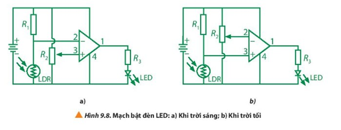 Hình 9.8 bên dưới là các mạch bật đèn LED khi trời sáng và khi trời tối (ảnh 1)