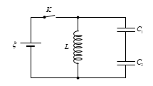 Mạch dao động điện từ gồm hai tụ điện có điện dung C =2 nF, và cuộn cảm thuần có độ tự cảm L =9  mH. Nguồn điện lí tưởng có suất điện động E =10  V. Ban