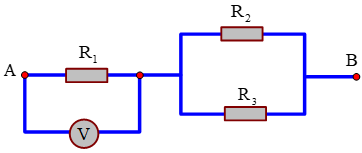 Mạch điện AB gồm các điện trở mắc như hình vẽ. Biết R1=10Ω, R2=R3=15Ω, hiệu điện thế giữa hai đầu mạch AB là  UAB=28V.  Coi như điện trở của vôn kế rất