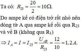 Mạch điện AB gồm các điển trở mắc như hính vẽ. Biết  R2=R3=20Ω hiệu điện thế giữa hai đầu mạch AB là UAB=12V. Coi như điện trở của ampe kế rất nhỏ, số