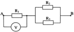 Mạch điện AB gồm các điện trở mắc như hình vẽ. Biết R1=10Ω, R2=R3=15Ω, hiệu điện thế giữa hai đầu mạch AB là UAB=28V. Coi như điện trở của vôn kế rất lớn,