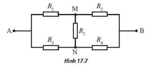 Mạch điện như Hình 17.7 với hai đầu mạch A, B gọi là mạch cầu. Đặt hai đầu A và B vào một hiệu điện thế không đổi U, nếu không có dòng điện chạy qua điện