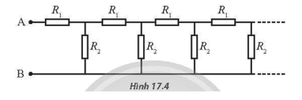 Mạch điện trở như Hình 17.4 kéo dài đến vô hạn. Biết R1=4Ω; R2=3Ω. Tính điện trở tương đương giữa hai đầu A và B.