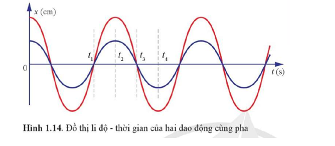 Mô tả trạng thái của hai vật dao động ở thời điểm t3 và t4, trong đồ thị Hình 1.14.