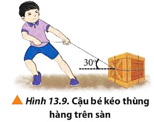 Một cậu bé đang kéo thùng hàng trên mặt đất bằng sợi dây hợp với phương ngang một góc 300 (Hình 13.9). Hãy tìm độ lớn lực kéo thành phần trên hai phương