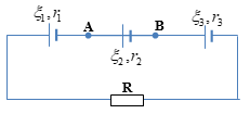 Một Cho mạch điện như hình vẽ,ξ1=6V, ξ2=4V,ξ3=3V; r1=r2=r3=0,1Ω. Hiệu điện thế giữa hai điểm UAB và công suất của nguồn điện    là