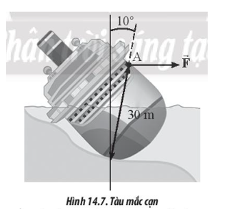 Một con tàu vượt biển lớn bị mắc cạn gần đường bờ biển (tương tự trường hợp của tàu Costa Concordia vào ngày 13/01/2012 tại Ý) và nằm nghiêng ở một góc như Hình 14.7. Người ta đã sử dụng các tàu cứu hộ để gây ra một lực F = 5,0.105 N tác dụng vào điểm A của tàu theo phương ngang để giúp tàu thẳng đứng trở lại. Xác định moment lực của lực tác dụng này tương ứng với trục quay đi qua điểm tiếp xúc của tàu với mặt đất. (ảnh 1)