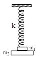 Một hệ gồm hai vật có khối lượng m1 = m2 = 200 g dính với nhau bởi một lớp keo mỏng. Một lò xo nhẹ có độn cứng k = 100 N/m, chiều dài tự nhiên là l0 = 50 cm,