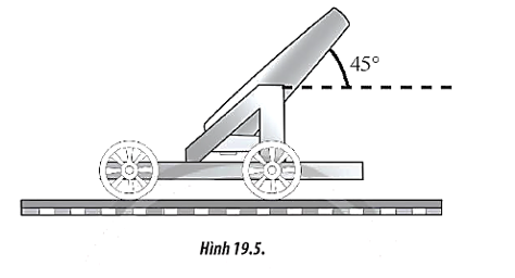 Một khẩu pháo được gắn chặt vào xe và xe có thể di chuyển dọc theo đường ray nằm ngang như Hình 19.5. Khẩu pháo bắn ra một viên đạn khối lượng 200 kg với