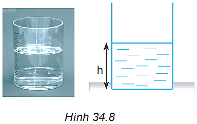 Một khối chất lỏng đứng yên có khối lượng riêng   , hình trụ diện tích đáy S, chiều cao h (Hình 34.8). Hãy dùng công thức tính áp suất ở trên để chứng