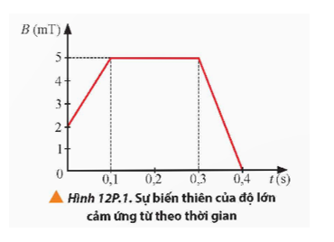 Một khung dây dẫn kín, phẳng có diện tích 10 cm^2, gồm 100 vòng dây, đặt trong từ trường có vectơ cảm ứng từ vuông góc với mặt phẳng khung dây. Độ lớn cảm ứng từ biến thiên theo thời gian như (ảnh 1)