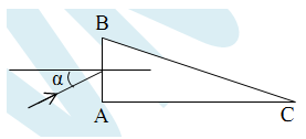 Một lăng kính thủy tinh có tiết diện thẳng là tam giác ABC có góc A = 900, góc C = 150. Chiếu tia sáng đơn sắc tới mặt AB với góc tới α như hình, tia khúc