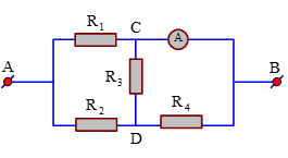 Một mạch điện có sơ đồ như hình vẽ. Cho biết R1=30Ω,  R2=R3=20Ω.  Điện trở của ampe kế và của các dây nối là không đáng kể. Số chỉ của ampe kế là 3 A.